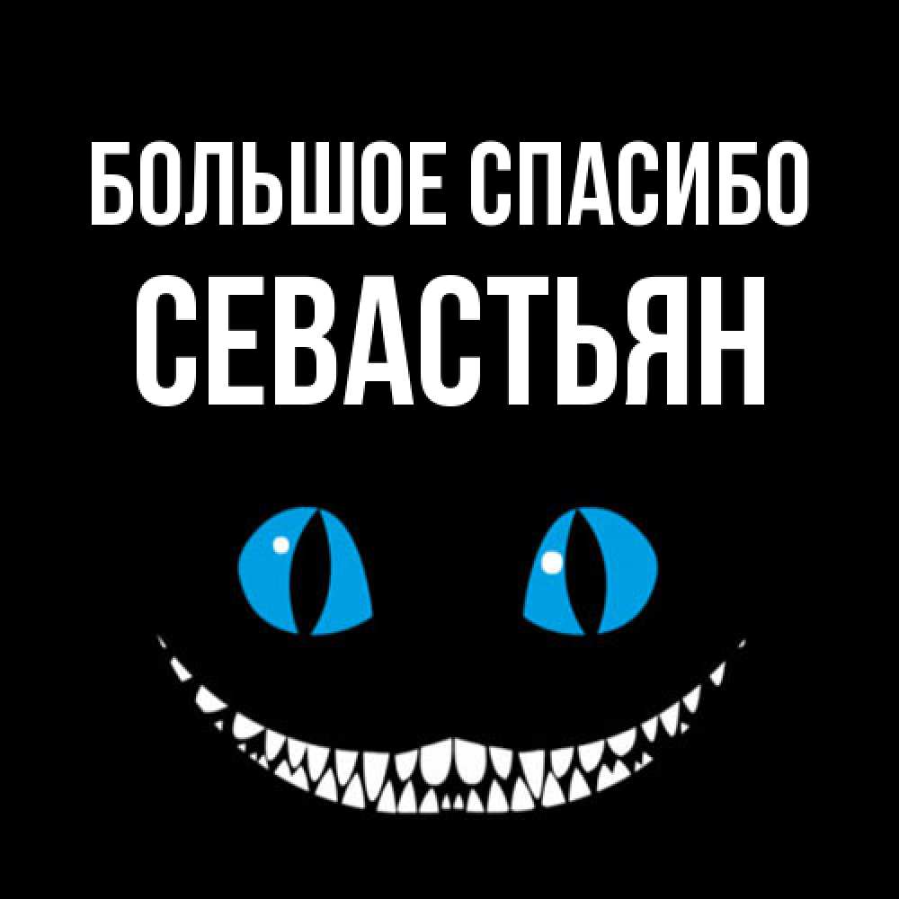 Открытка на каждый день с именем, Севастьян Большое спасибо благодарю от чеширика Прикольная открытка с пожеланием онлайн скачать бесплатно 