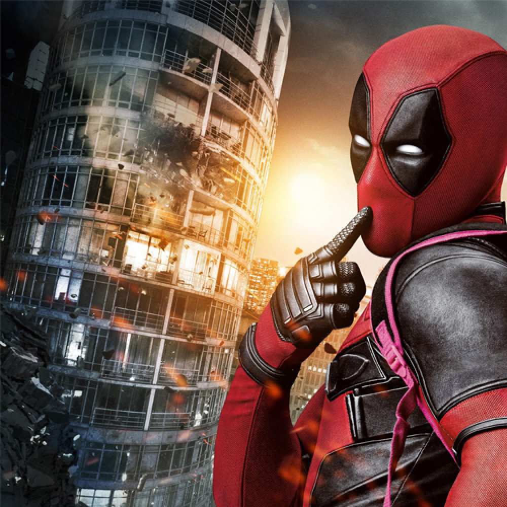 Открытка на каждый день с именем, Аполлинарий С хорошим утром марвел и дедпул на фоне небоскреба Прикольная открытка с пожеланием онлайн скачать бесплатно 