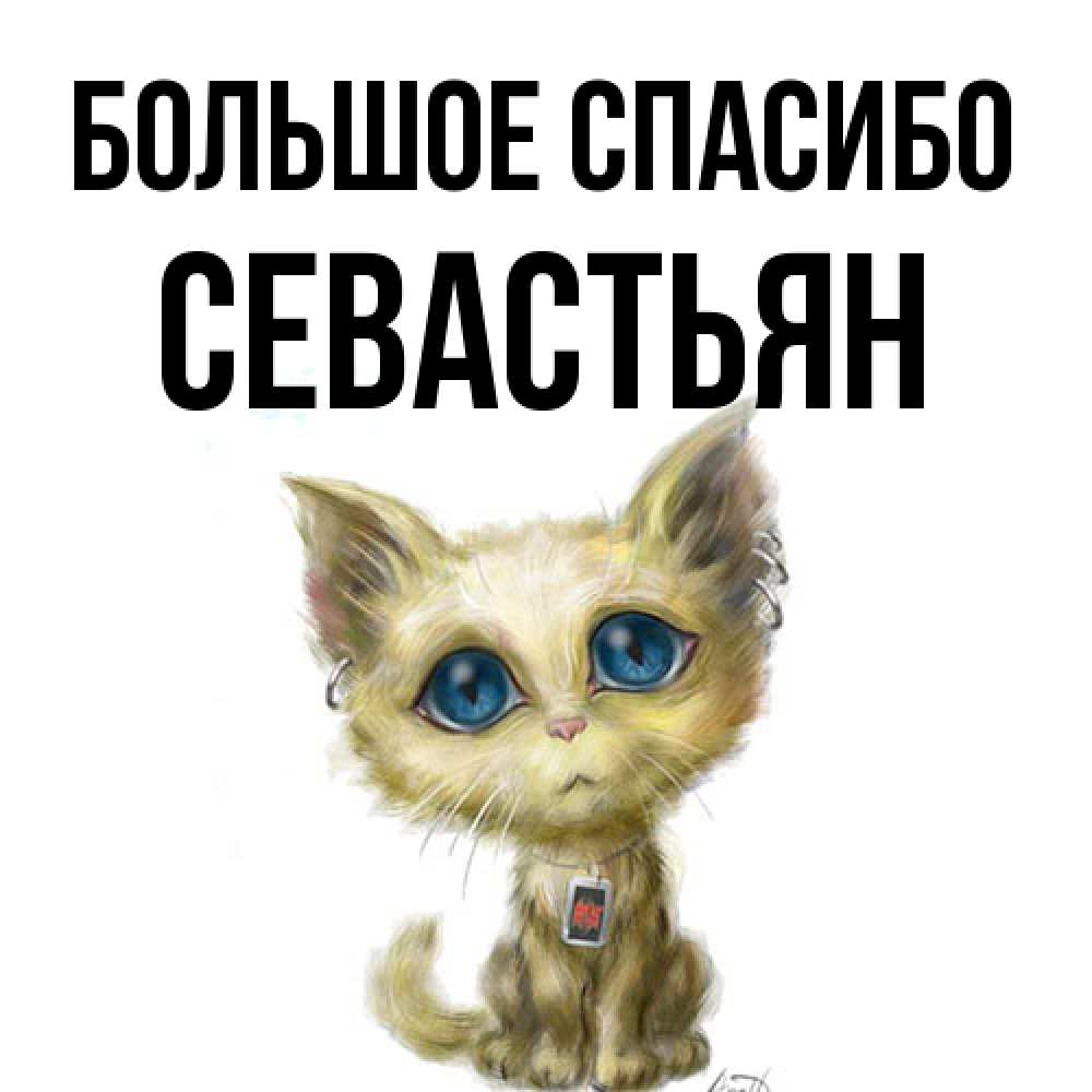 Открытка на каждый день с именем, Севастьян Большое спасибо рисованный кот благодарит вас Прикольная открытка с пожеланием онлайн скачать бесплатно 