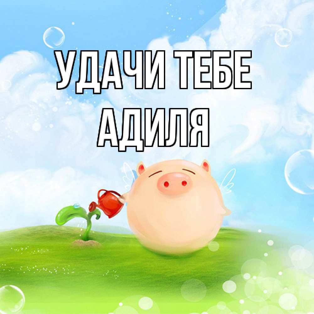 Открытка на каждый день с именем, Адиля Удачи тебе поросенок поливает цветок. летнее настроение Прикольная открытка с пожеланием онлайн скачать бесплатно 