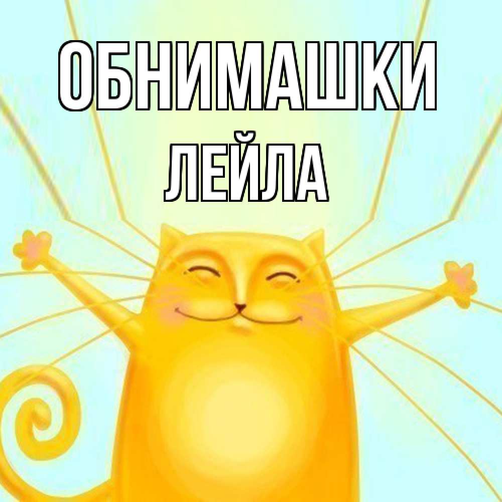 Открытка на каждый день с именем, Лейла Обнимашки солнечный обнимашечный кот Прикольная открытка с пожеланием онлайн скачать бесплатно 