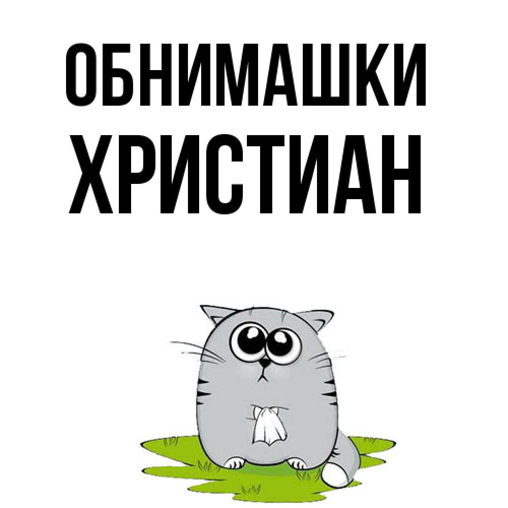 Открытка на каждый день с именем, Христиан Обнимашки котик теребит платочек сидя на травке Прикольная открытка с пожеланием онлайн скачать бесплатно 