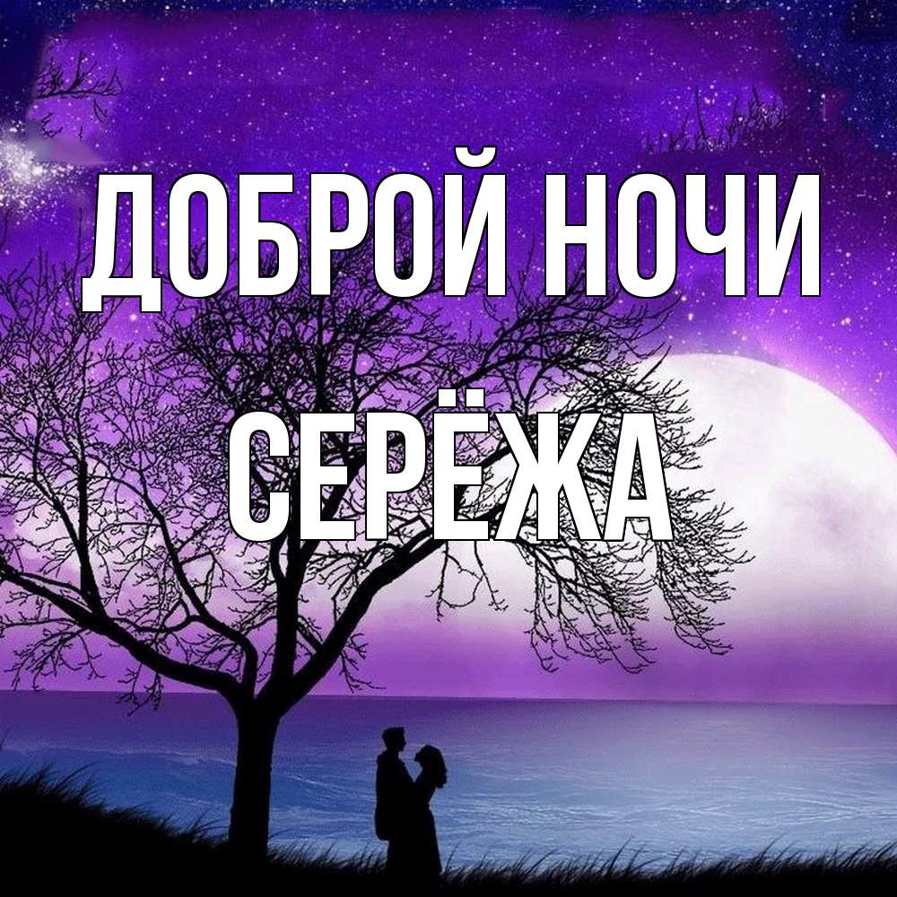 Открытка на каждый день с именем, Серёжа Доброй ночи огромная луна и парочка Прикольная открытка с пожеланием онлайн скачать бесплатно 