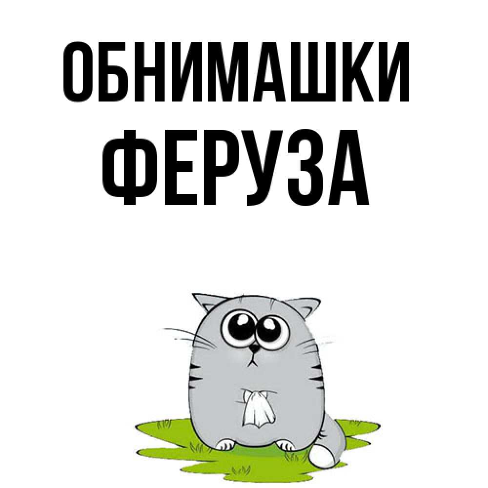 Открытка на каждый день с именем, Феруза Обнимашки котик теребит платочек сидя на травке Прикольная открытка с пожеланием онлайн скачать бесплатно 