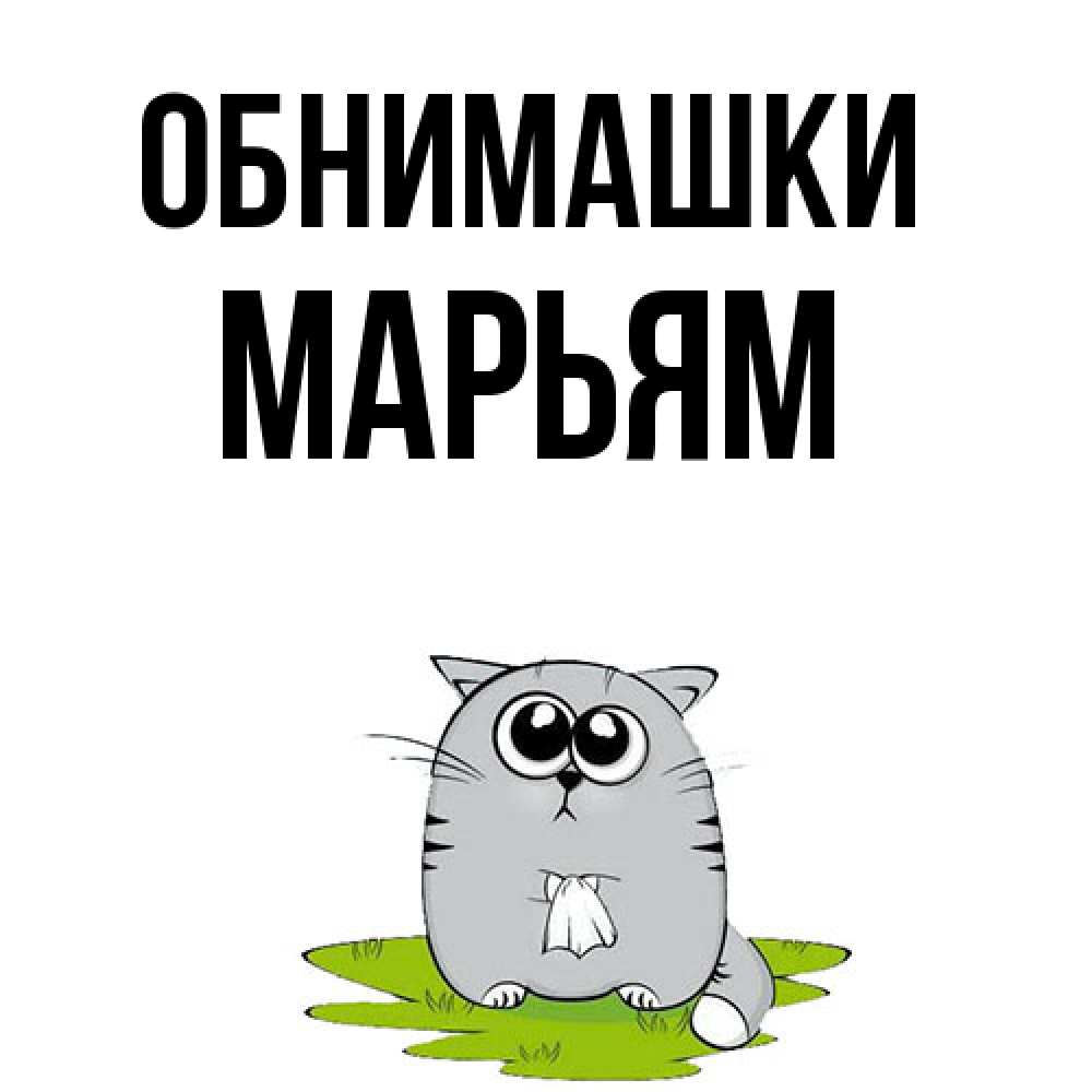 Открытка на каждый день с именем, Марьям Обнимашки котик теребит платочек сидя на травке Прикольная открытка с пожеланием онлайн скачать бесплатно 