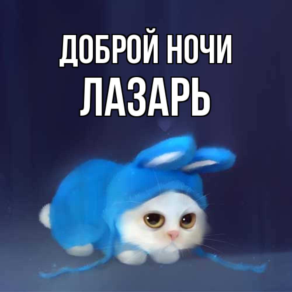 Открытка на каждый день с именем, Лазарь Доброй ночи кот в голубом костюме кролика с ушками Прикольная открытка с пожеланием онлайн скачать бесплатно 