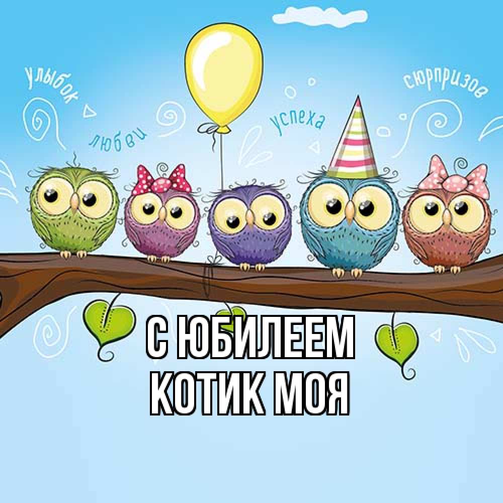 Открытка на каждый день с именем, Котик-моя C юбилеем совы Прикольная открытка с пожеланием онлайн скачать бесплатно 