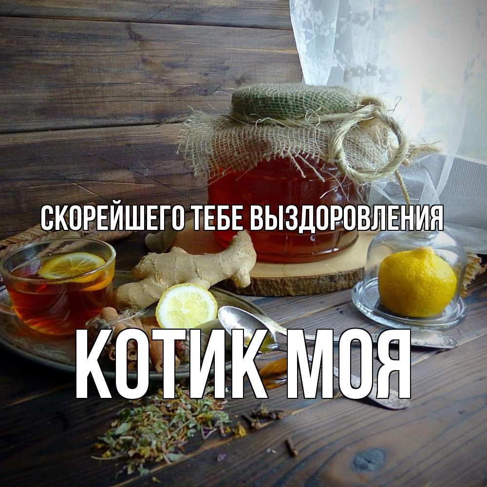 Открытка на каждый день с именем, Котик-моя Скорейшего тебе выздоровления банка с медом Прикольная открытка с пожеланием онлайн скачать бесплатно 