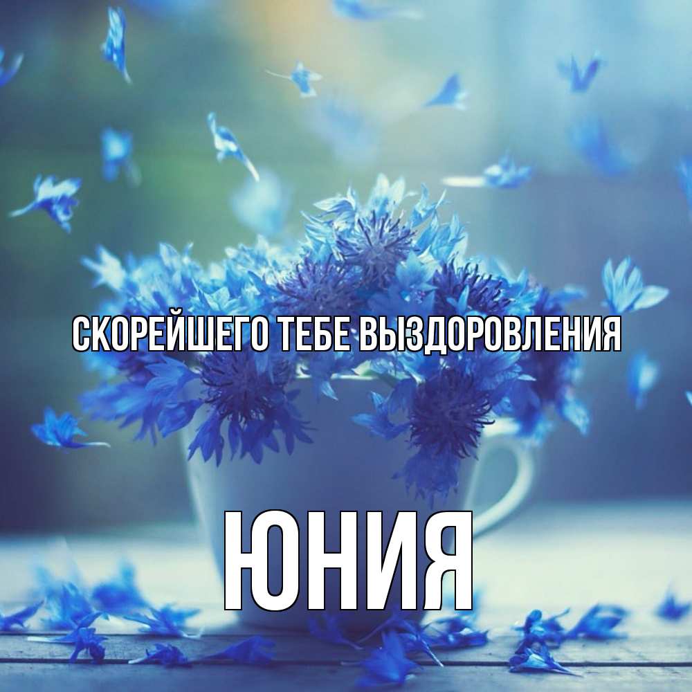 Открытка на каждый день с именем, Юния Скорейшего тебе выздоровления кружка с зельем и цветами Прикольная открытка с пожеланием онлайн скачать бесплатно 