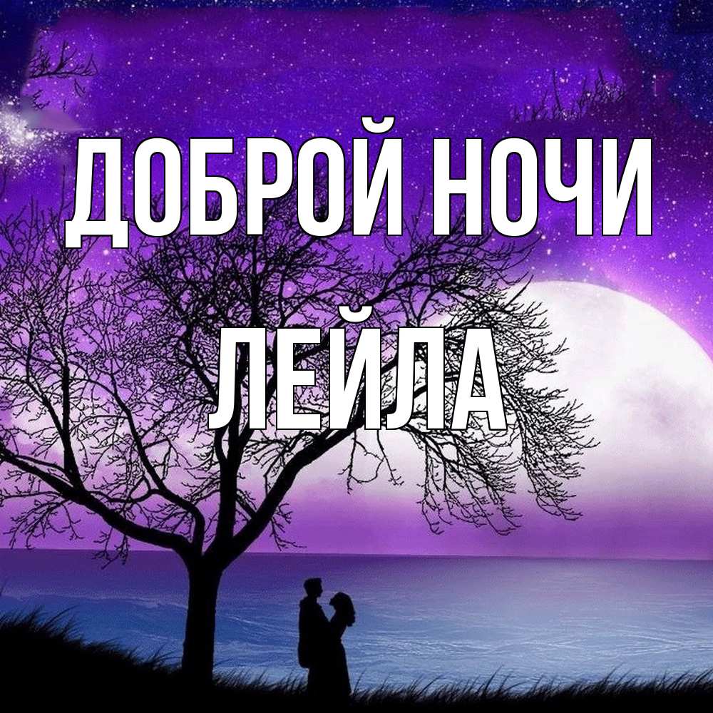 Открытка на каждый день с именем, Лейла Доброй ночи огромная луна и парочка Прикольная открытка с пожеланием онлайн скачать бесплатно 